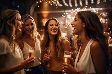 Wall Mural - A group of cheerful woman in evening dress holding glass with champagne and celebrating an event