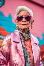Generative AI Illustration Of Trendy Senior Woman Wearing Pink Jacket And Sunglasses Standing Against Blurred Graffiti Wall On Street