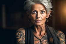 Generative AI Illustration Of Senior Female With Wrinkled Face, Blue Eyes And Tattoos On Body Looking At Camera Against Black Background