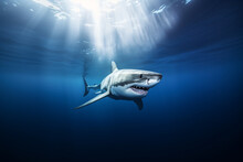 Generative AI Illustration Of Dangerous Hunting Shark With Sharp Teeth Swimming Underwater