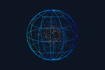 Abstract Network Technology with Dot, Point. Science Global Concept Bright Dot, Line in the Form Circle on Black Background. Futuristic Wireframe Geometric Grid. 3d Explosion Effect.