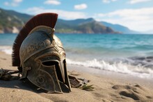Landscape With Spartan Warrior Helmet On The Beach Sand. Generative AI