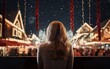 © lanters_fla - Young woman enjoing a decorated street at Christmas fair. Beautiful snowy night, festive lights and garlands