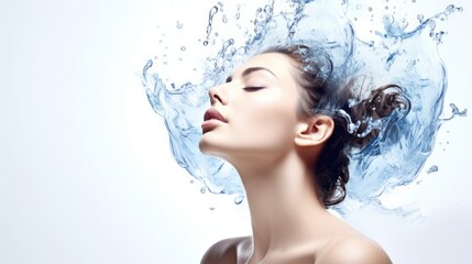 Wall Mural - Pretty young woman and splash of water on light background. Cosmetology concept