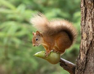 Wall Mural - Hungry and adorable little scottish red squirrel eating a juicy green pear on the branch of a tree in the woodland with natural green forest background