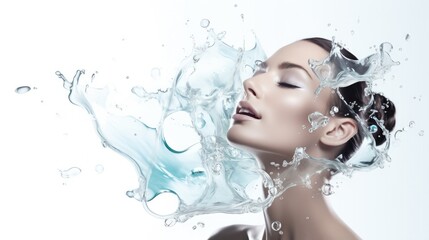 Pretty young woman and splash of water on light background. Cosmetology concept