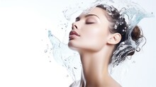 Pretty Young Woman And Splash Of Water On Light Background. Cosmetology Concept