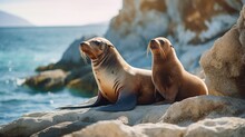 A Mother Sea Lion With Her Adorable Pup, Sunbathing On A Rocky Shore