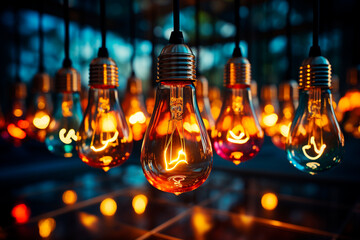 Sticker - glowing led light bulbs on black background, close up