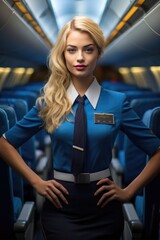 Poster - Beautiful stewardess, flight attendant standing in plane. Generative AI