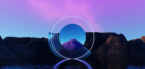 Wall Mural - 3d render, abstract surreal pastel landscape background with arches and podium for showing product, 