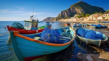 A Serene Coastal Fishing Village, With Colorful Boats, Nets Drying In The Sun