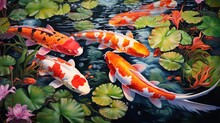 A Serene Koi Pond, With Vibrant Fish Gliding Gracefully Beneath Lily Pads