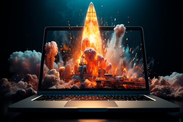 Poster - laptop with burning rocket. mixed media