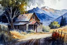 Old Dilapidated Barn Or Shed. A Shed Built Near A Mountain In The Remote Countryside Of America Or Europe. Rustic And Resonant Watercolor Painting