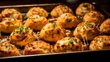 Fototapeta Dinusie - A tray of mouthwatering garlic knots, dusted with parmesan and herbs