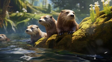 Wall Mural - A trio of river otters sliding down a mossy riverbank into crystal-clear water