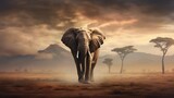 Fototapeta Perspektywa 3d - A wise old elephant standing tall amidst a serene, dusty African landscape