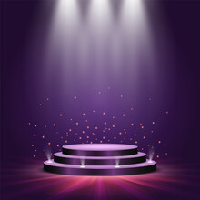 Round Podium Illuminated By Spotlights. Empty Pedestal For Award Ceremony Or Presentation. Vector Illustration.