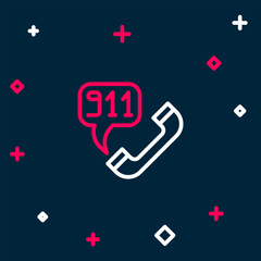 Sticker - Line Telephone with emergency call 911 icon isolated on blue background. Police, ambulance, fire department, call, phone. Colorful outline concept. Vector