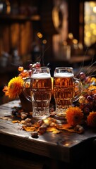 Wall Mural - Two glasses of beer sit on a table with autumn leaves, AI