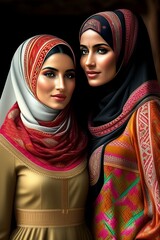 portrait of two womenwomen with Palestinian Hatta Kufiya Folk Pattern