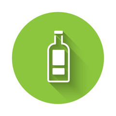 Sticker - White Glass bottle of vodka icon isolated with long shadow background. Green circle button. Vector