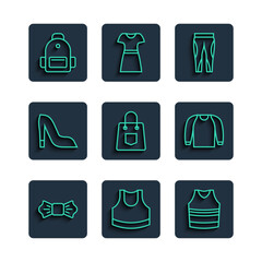 Poster - Set line Bow tie, Female crop top, Undershirt, Leggings, Handbag, Woman shoe, School backpack and Sweater icon. Vector