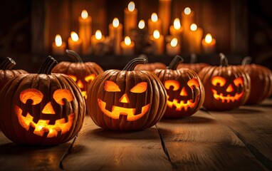 Wall Mural - Scary jack-o-lanterns on a wooden surface at Halloween