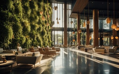 A hotel lobby adorned with a towering vertical garden, providing guests with a refreshing and inviting atmosphere