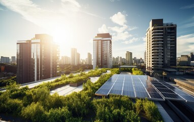 An urban rooftop adorned with solar panels and greenery, showcasing the integration of renewable energy and green spaces in city architecture