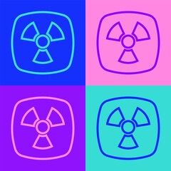 Pop art line Radioactive icon isolated on color background. Radioactive toxic symbol. Radiation hazard sign. Vector