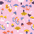 Colorful mushrooms seamless pattern on pink background. Modern retro pattern. Vector illustration.