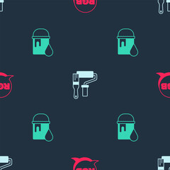 Sticker - Set RGB, Paint roller brush and bucket on seamless pattern. Vector