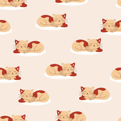 Wall Mural - Seamless pattern with cute sleepy cat. Vector illustration.