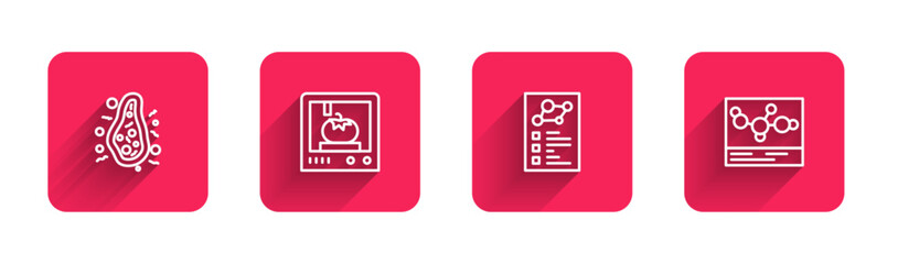 Sticker - Set line Bacteria, 3D printing technology, Clinical record and Chemical formula with long shadow. Red square button. Vector