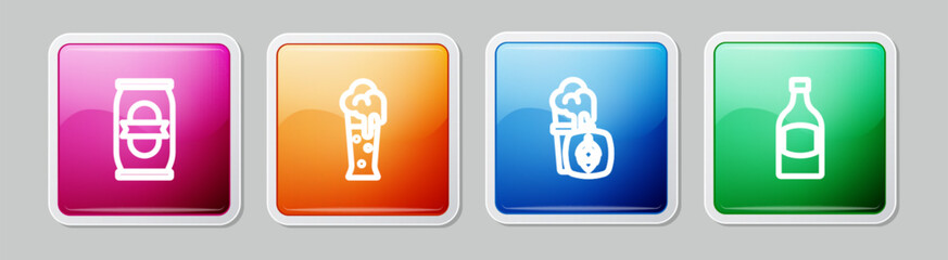 Sticker - Set line Beer can, Glass of beer, and bottle. Colorful square button. Vector