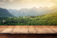 Wooden Table Terrace With Morning Fresh Atmosphere Nature Landscape. Mountain View Illustration Of Wooden Background For Product Placing