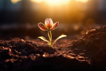 A small plant with a flower in the soil