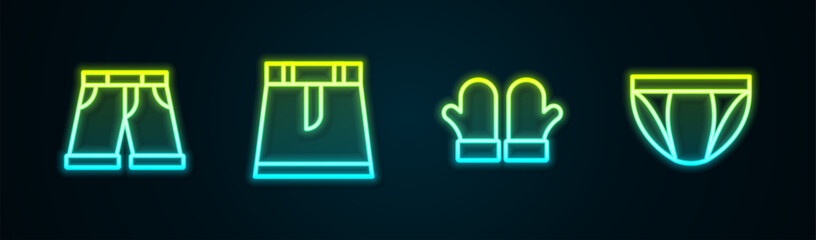 Wall Mural - Set line Short or pants, Skirt, Christmas mittens and Men underpants. Glowing neon icon. Vector