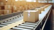 Cardboard boxes move along a conveyor belt in a warehouse. The concept of packaging, storage, distribution of orders in commercial activities. Illustration for advertising, marketing or presentation.