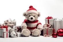 Cute Baby Teddy Bear With Christmas Gift Boxes On White Background