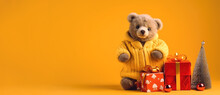 Cute Baby Teddy Bear With Christmas Gift Boxes On Yellow Background, Free Text Space