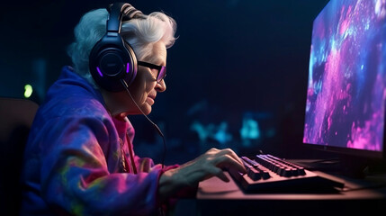 elderly woman on a gaming computer, enjoyment. Senior woman gaming online on a computer in a room with neon light. Older woman using modern digital technology online. Internet gaming.