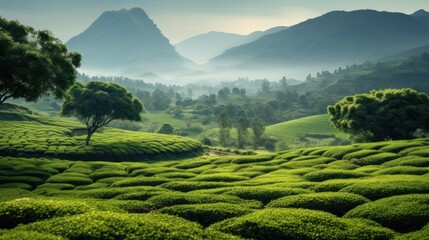 Ancient tea gardens of Yunnan Province, where Pu-erh tea trees thrive. Lush greenery and serene ambiance of this tea-producing region. Landscape, plantation tea harvest. Beautiful background