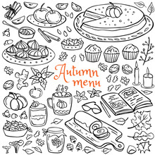 Autumn Menu Card - Pumpkin Pie, Apple, Cupcake, Cookie, Cake, Hot Drink, Jam, Apples, Pie. Vector Illustration. Perfect For Autumn Menu, Coloring Book, Greeting Card, Print.