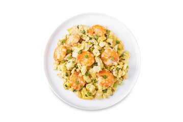 Wall Mural - Shrimp  scrambled eggs with scallion in a plate on a white isolated background