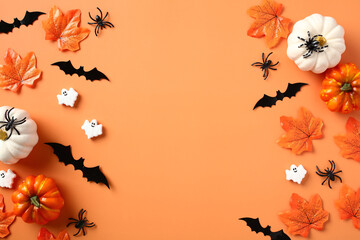 Wall Mural - Halloween holiday background with pumpkins, bats, maple leaves, spiders. Halloween party invitation design.