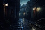 Fototapeta Londyn - A dark alleyway at night with rain on the cobblestone street