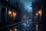 Fototapeta Londyn - A dark alleyway at night with rain on the cobblestone street